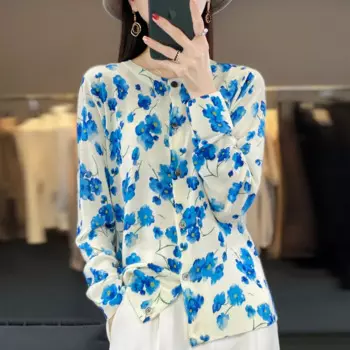 Однотонная японская блузка с круглым вырезом и принтом орхидеи, новинка весны/лета, Женский Повседневный Кардиган плотного цвета