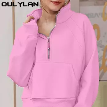 Однотонная толстовка с капюшоном, женское платье для йоги, половина молнии, короткий воротник-стойка, отверстие для большого пальца, плюс кашемировая толстовка с капюшоном на осень и зиму