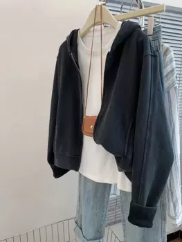 Однотонная уличная одежда, свободные свитшоты на молнии, осенняя новинка, женская одежда, куртки с длинным рукавом и капюшоном