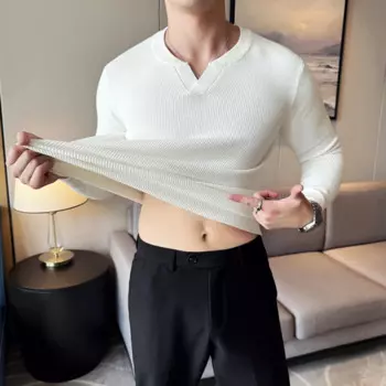 Однотонная вафельная рубашка с длинным рукавом, с воротником «Генри», приталенная Корейская версия, трикотажный пуловер с V-образным вырезом, стрейч