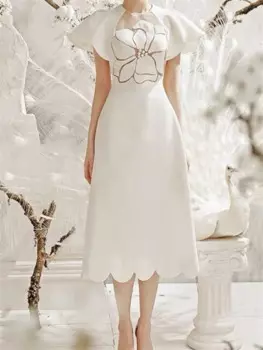 Однотонное Сетчатое элегантное кружевное пикантное летнее праздничное платье-трапеция для женщин с коротким рукавом 2022 женское платье в стиле бохо с вышивкой и оборками