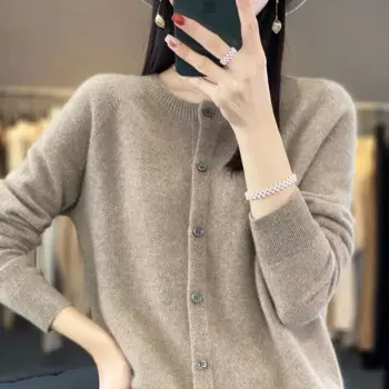Однотонное свободное офисное дамское пальто с круглым вырезом, осень 2023, простой стиль, свитер на пуговицах, пальто, женский шерстяной Повседневный вязаный кардиган, пальто