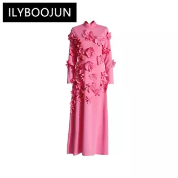 Однотонные аппликации, утягивающие платья для женщин, темпераментное платье с высоким воротником и длинными рукавами на талии, женское брендовое платье