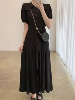 Однотонные черные плиссированные платья для женщин, Элегантное летнее однобортное Женское Платье макси с коротким рукавом, 2022