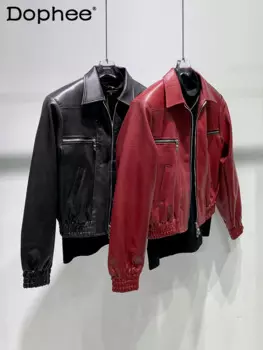 Однотонные кожаные пальто, мужские осенние куртки 2024, металлическая молния, декоративный дизайн на талии, куртки из искусственной кожи, модная мужская короткая куртка