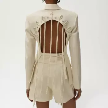 Однотонные лоскутные дизайнерские блейзеры с бриллиантами для женщин, утягивающее пальто с зубчатым воротником и длинными рукавами и открытой спиной, женское новое