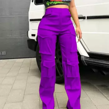 Однотонные модные повседневные женские брюки карго с карманами Прямые спортивные брюки с высокой талией