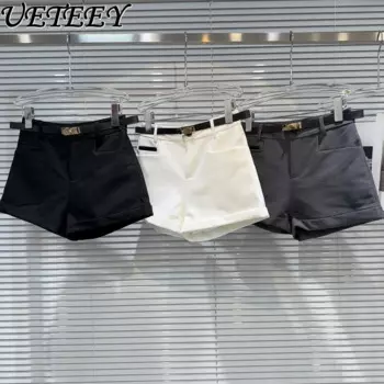 Однотонные повседневные Прямые шорты, Новинка лета, элегантные деловые шорты с металлической пряжкой и ремнем, костюм из трех точек, короткие брюки для женщин