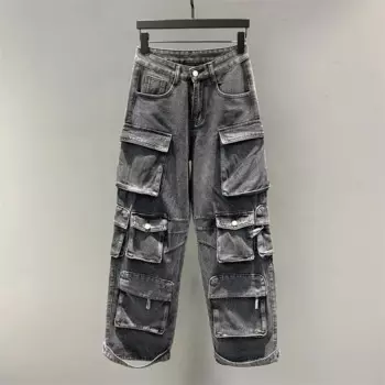 Однотонные женские джинсы с множеством карманов, свободные уличные ретро брюки в стиле хип-хоп с широкими штанинами, повседневные Прямые джинсы с завышенной талией для женщин