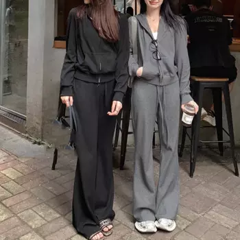 Однотонный осенний женский спортивный костюм, свободная толстовка на молнии и брюки с широкими штанинами, комплект из двух предметов, повседневный уличный спортивный костюм с брюками, 2024
