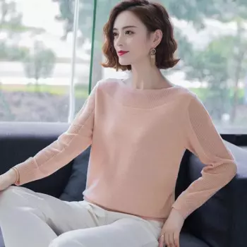 Однотонный свободный Универсальный Повседневный модный тонкий вязаный свитер с вырезами и длинными рукавами весенне-осенний Женский пуловер с круглым вырезом