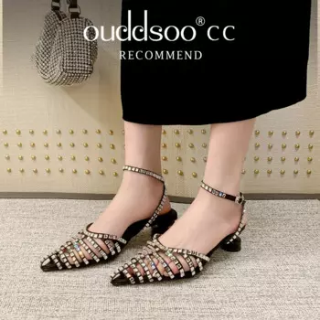 ODS/Новые летние Стразы босоножки; Свадебные туфли с пряжкой; Женские босоножки на высоком каблуке с острым носком и кружевной сеткой; Женские шлепанцы; Femmes