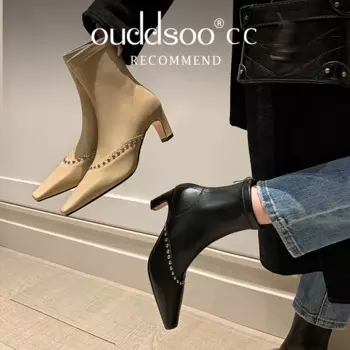 ODS/Осенние пикантные женские ботильоны на тонком высоком каблуке, модная зимняя обувь с острым носком на молнии, короткие ботильоны из мягкой кожи, черный, бежевый, 42