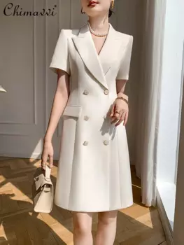 Офисное белое платье, Новинка лета 2024, французское модное высококачественное профессиональное приталенное характерное Короткое женское платье с коротким рукавом