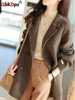 Офисные теплые шерстяные костюмы в клетку, пальто, Осень-зима, женские свободные парки средней длины, Куртки Оверсайз, винтажные толстые шерстяные костюмы Casaco