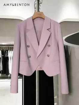 Офисные женские повседневные Костюмные куртки с перекрестным воротником для женщин Ранняя весна Новинка высококачественные фиолетовые шерстяные универсальные свободные модные куртки