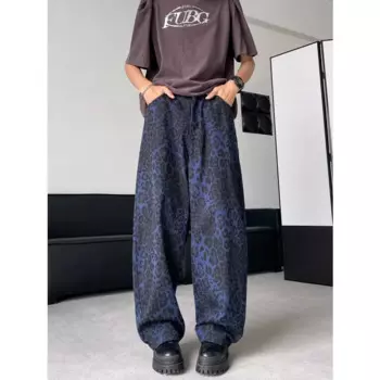 OIMG Y2K модные синие леопардовые прямые мешковатые джинсы, брюки для мужчин, одежда, длинные брюки с широкими штанинами