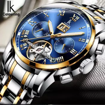 Окрашенные Мужские механические наручные часы IK, автоматические часы-скелетоны с кожаным ремешком, водонепроницаемые часы с календарем