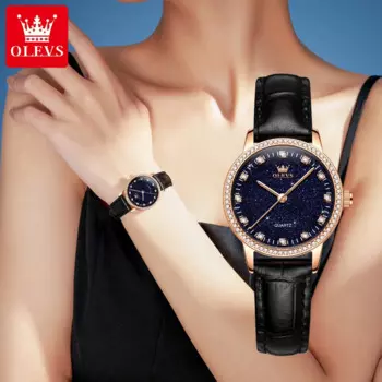 OLEVS 5605, новые кварцевые наручные часы со звездным небом для женщин, роскошные водонепроницаемые женские часы с ремешком из натуральной кожи, женские наручные часы