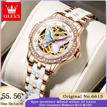 OLEVS 6615, женские часы с бриллиантами, розовое золото, керамические водонепроницаемые часы, элитный бренд, полностью автоматические механические женские часы со скелетом