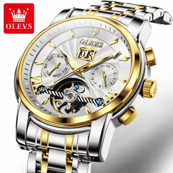 OLEVS 9965, механические модные часы, подарок, ремешок для часов из нержавеющей стали, наручные часы с круглым циферблатом, дисплей месяца, календарь с дисплеем недели