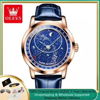 OLEVS автоматические механические часы с фазой Луны для мужчин, уникальные вращающиеся секундные наручные часы со светящейся звездой, роскошные мужские часы