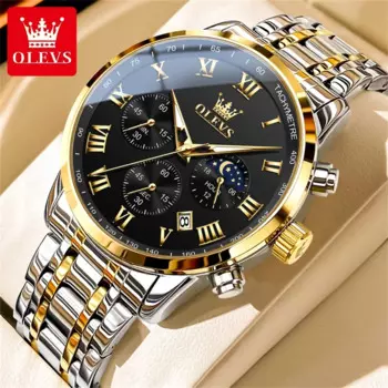 OLEVS Бизнес Кварцевые Часы из Нержавеющей Стали для Мужчин Римская Шкала Хронограф Луны Фаза Роскошные Водонепроницаемые Мужские Наручные Часы
