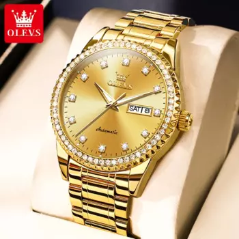 OLEVS новые модные золотые механические часы для мужчин, роскошный ремешок из нержавеющей стали, водонепроницаемые светящиеся деловые мужские часы с датой недели