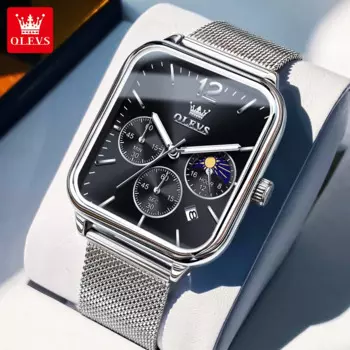 OLEVS прямоугольные многофункциональные кварцевые часы для мужчин, миланский стальной ремешок, хронограф с фазой Луны, водонепроницаемые мужские наручные часы