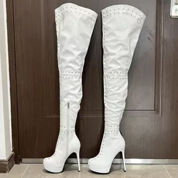 Olomm/женские высокие сапоги до бедра на платформе, пикантные ботинки на высоком каблуке-шпильке с заклепками, блестящие белые туфли с круглым носком, женские большие размеры США 5-20
