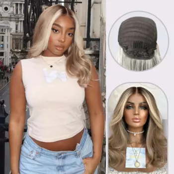 Ombre Blonde 13X4 Прозрачный парик из синтетических волос на кружеве спереди Коричневый корень Объемная волна Пепельно-русый парик с застежкой Предварительно выщипанный для вечеринки
