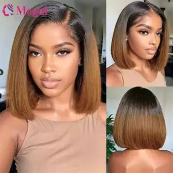 Ombre Brown 1B4 Roots Цветной 4x4 Парик Фронта Шнурка Человеческих Волос Парик Реми Кост Прямой Короткий Боб Парик Для Чернокожих Женщин 180% Плотность