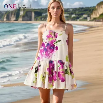 ONEINALL мини-платья с цветочным принтом для женщин, женское платье-бретелька без рукавов с открытой спиной и высокой талией, ажурное платье с рюшами
