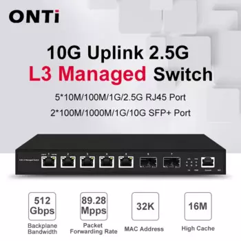 Управляемый коммутатор ONTi L3 со слотами 2*1/10G SFP+ и портами RJ45 5*10M/100M/1G/2,5G, емкостью переключения 512 Гбит/с