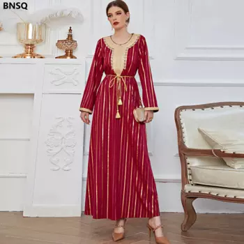 Оптовая продажа, Современная трикотажная Арабская юбка с длинным рукавом и принтом, длинное мусульманское темпераментное платье с золотистым принтом