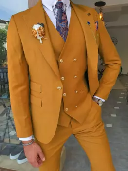 Оранжевый свадебный мужской костюм на заказ, приталенный мужской пиджак, модный двубортный смокинг, комплект из трех предметов, роскошный костюм, пальто, жилет, брюки