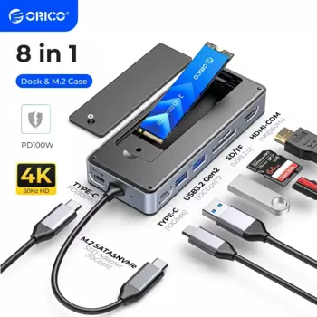 ORICO USB C HUB с SSD-корпусом Док-станция для ноутбука с HDMI-Com 4K, 60 Гц, 100 Вт, PD, RJ45, SD/TF, 10 Гбит/с, M.2, NVME, SATA SSD, 8 ТБ