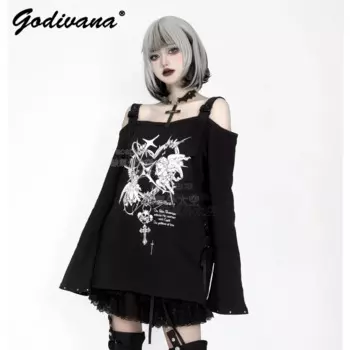 Оригинальная черно-белая футболка с открытыми плечами и принтом ангела, новые осенние хлопковые футболки с длинными рукавами Y2K для девочек