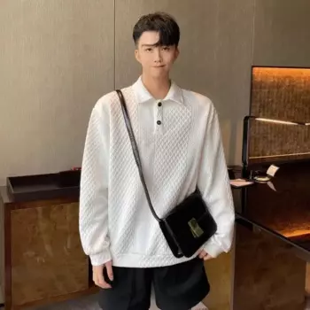 Оригинальная Длинная толстовка, Мужская Осенняя красивая модная Молодежная рубашка-поло с ошейником, японская винтажная вафельная рубашка с отворотом в клетку и стразами