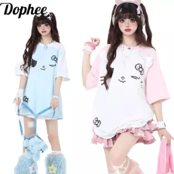 Оригинальная летняя футболка Dophee с принтом в виде цветного блока допамина для девочек, универсальные свободные топы с круглым вырезом и коротким рукавом, женские футболки