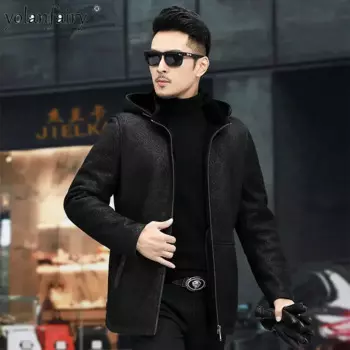 Оригинальная Меховая куртка, Мужское пальто из овечьей кожи, пальто для мужчин, толстая меховая одежда с капюшоном, мужская зимняя куртка 6XL FCY4735