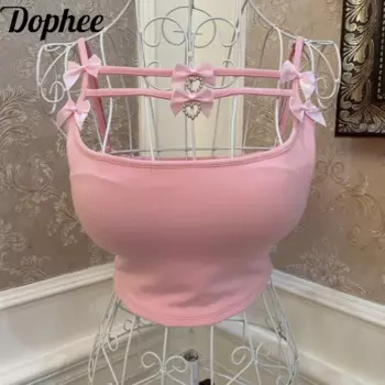 Оригинальная Милая женская майка Dophee с красивой грудью и бантом, базовая майка с открытым животом, укороченный топ, Розовая Майка