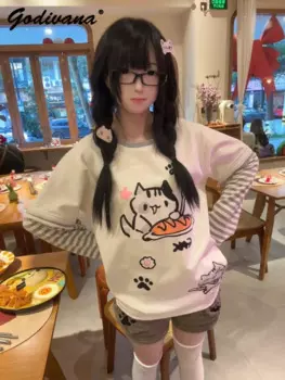 Оригинальная мягкая милая свободная футболка в полоску с принтом на весну и осень, футболка с длинными рукавами для милых девочек, женская хлопковая футболка Kawaii, внутренние топы