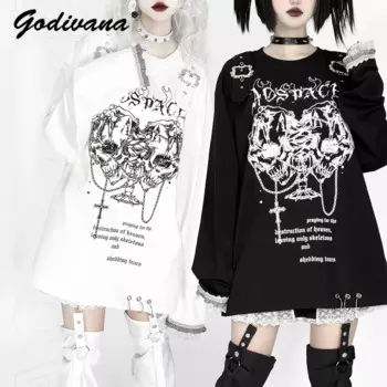Оригинальная новая осенняя субкультура японского панка с двойным черепом и принтом темная футболка с длинными рукавами Y2K женская футболка для девочек крутые топы