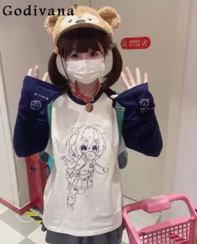 Оригинальные японские хлопковые толстовки Y2k, женские весенне-осенние свободные пуловеры с принтом аниме, студенческая футболка Kawaii с длинными рукавами