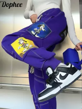 Оригинальные уличные свободные спортивные брюки Dophee в стиле хип-хоп, новинка 2024, весенние повседневные шаровары с заплатками из мультфильмов, длинные брюки с высокой талией
