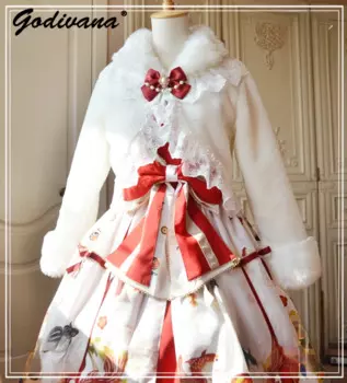 Оригинальный дизайн, милая Женская осенне-зимняя кружевная бархатная Короткая Меховая куртка в стиле "Лолита", Женская милая теплая пушистая куртка с длинным рукавом, пальто