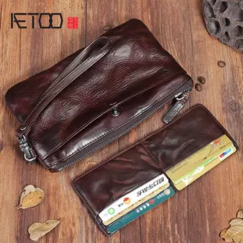 Оригинальный Длинный кошелек AETOO из натуральной кожи, винтажный многофункциональный бумажник со складками и большой трендовой пряжкой для мужчин, ручная работа
