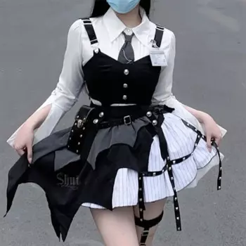 Оригинальный костюм Лолиты в стиле панк с цветными блоками, рубашка, жилет, юбка, женская одежда, модный агент, карнавальный костюм, платье на Хэллоуин, большие размеры