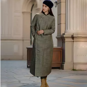 Оригинальный льняной кардиган Tencel Advanced Grey Green Side Cheongsam с длинными рукавами, женское весенне-осеннее тонкое повседневное платье
